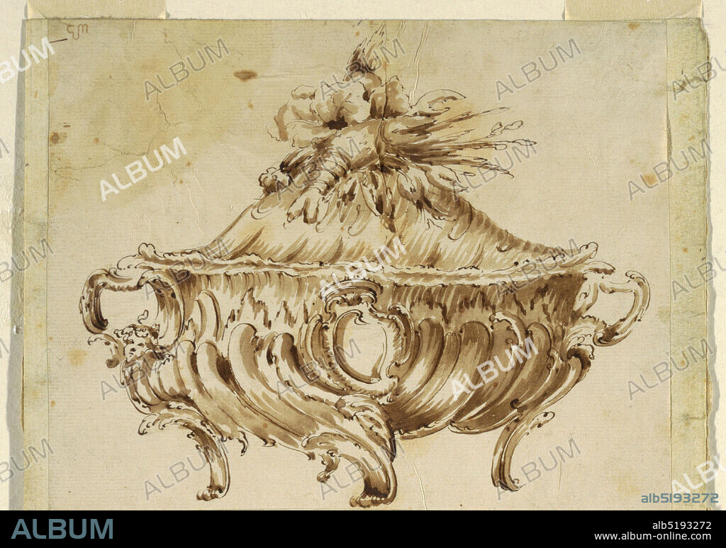 Design for a Tureen and a Platter, Anonymous, Graphite, pen and brown ink, brush and sepia wash on two joined sheets of paper, Tureen in elevation, platter in plan. The left and right halves of the tureen body are slightly different, as alternative designs. Crowned escutcheon in center of body. Various plants and crayfish form knop., 174048, metalwork, Drawing, Drawing.