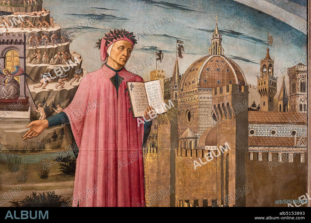 The Divine Comedy illuminates Florence, also known as Dante Alighieri's Divine Comedy. Fresco by Domenico di Michelino (1465), designed by Alessio Baldovinetti, Florence, Cathedral of Santa Maria del Fiore (Duomo).. Right: view of Florence, as an allegory of Paradise; it is one of the first views with the dome of the cathedral completed. In the center Dante holding the book with the opening words of the Divine Comedy. Left: the Purgatory hill.