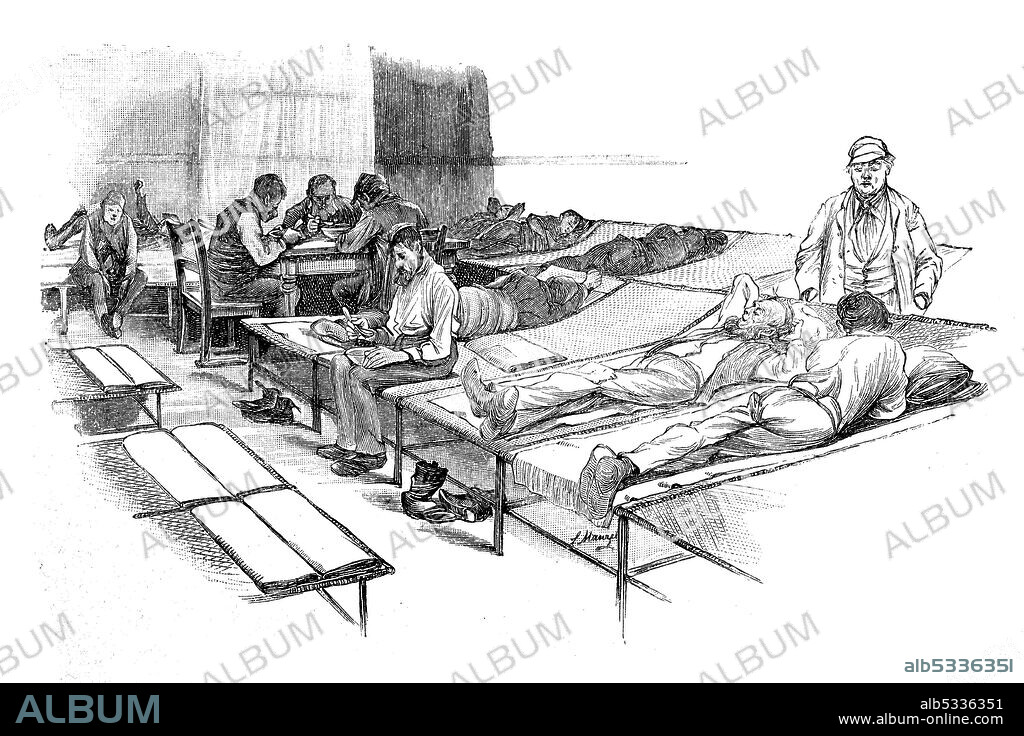 Homeless people in the dormitory of the homeless shelter, Berlin, Germany, 1892  /  Obdachlose im Schlafsaal des Obdachlosenasyl, Berlin, Deutschland, 1892, Historisch, historical, digital improved reproduction of an original from the 19th century / digitale Reproduktion einer Originalvorlage aus dem 19. Jahrhundert,.