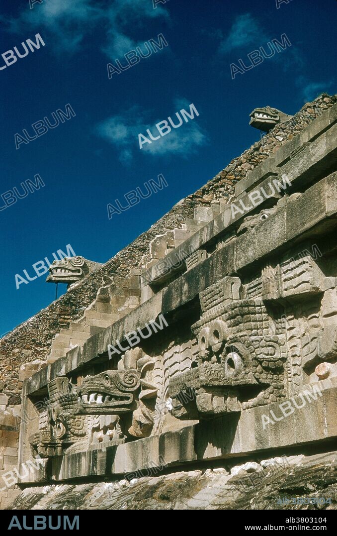 A serpent god on a building in the ruins of Teotihuacan, Mexico. Teotihuacan is an enormous archaeological site in Mexico. The place reached its peak in the 1st millennium A.D. and was the largest city in the pre-Columbian Americas.