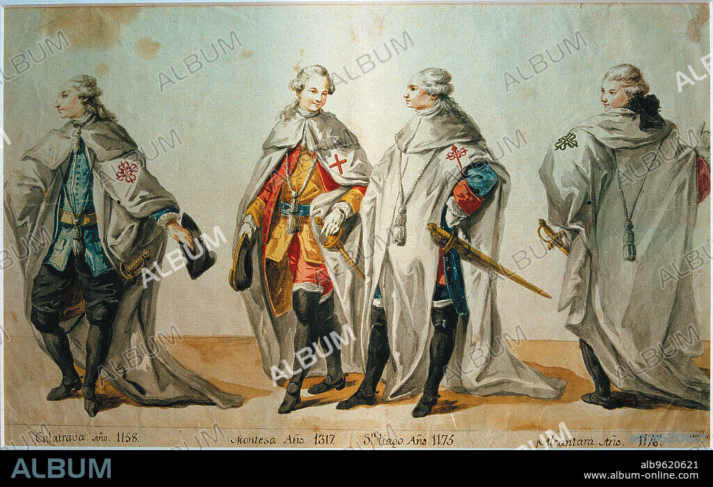 Knights of the Military Orders: Order of Montesa (1317), Calatrava (1158), Santiago (1175) and Alcantara (1176), watercolor.