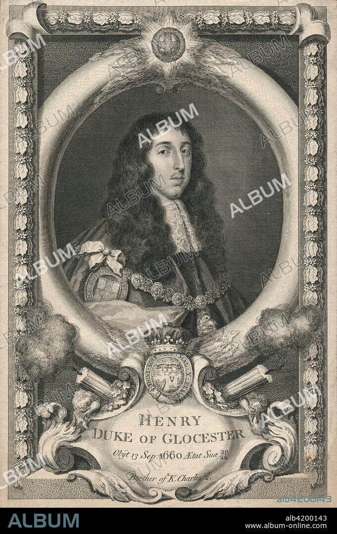 'Henry, Duke of Gloucester', 1736. Portrait of Henry Stuart, Duke of Gloucester (1640-1660), youngest son of King Charles I of England and Queen Henrietta Maria. He is depicted in an oval frame above two smoking candles, possibly alluding to his early death at the age of 20, his life being symbolically 'snuffed out'.