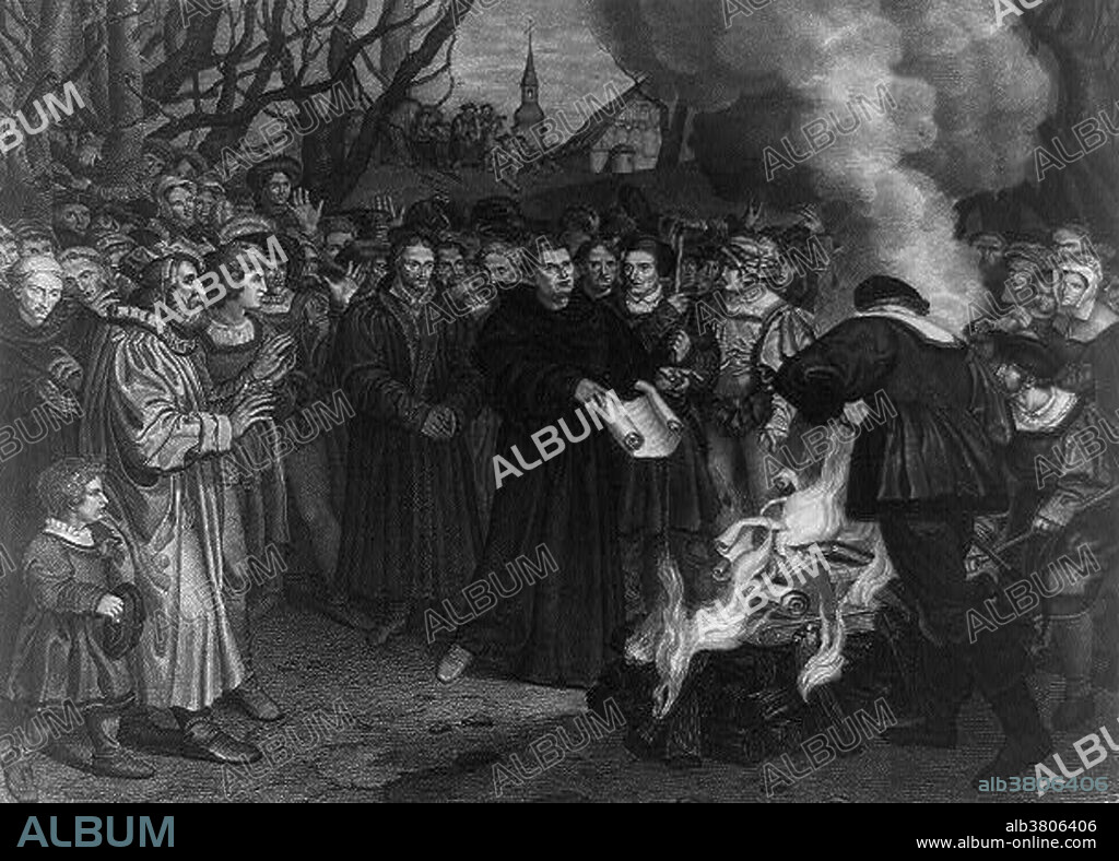 1830 lithograph shows a crowd gathered to watch Luther burn the papal bull Exsurge Domine from Leo X (condemning Luther's ideas and threatening him with excommunication) and the canon law in front of a church in Wittenberg. Martin Luther (1483-1546) was a German priest, professor of theology and a major figure of the Protestant Reformation. He disputed the claim that freedom from God's punishment for sin could be purchased with money. He confronted indulgence salesman Johann Tetzel with his Ninety-Five Theses in 1517. His refusal to retract all of his writings at the demand of Pope Leo X and the Holy Roman Emperor Charles V at the Diet of Worms resulted in his excommunication by the pope and condemnation as an outlaw by the Emperor in 1521. His theology challenged the authority of the Pope of the Roman Catholic Church by teaching that the Bible is the only source of divinely revealed knowledge. Those who identify with Luther's teachings are called Lutherans. His translation of the Bible into the language of the people (instead of Latin) made it more accessible. His marriage to Katharina von Bora set a model for the practice of clerical marriage, allowing Protestant priests to marry. While suffering from several illnesses and deteriorating health, Luther became increasingly antisemitic, writing that Jewish homes should be destroyed, their synagogues burned, money confiscated and liberty curtailed. These statements have contributed to his controversial status.