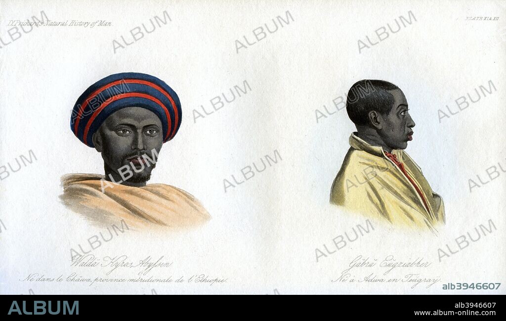 Abyssinian portraits, 1848. Walda Kyros, born in the south of Ethiopia and a native of Shoa, and Gabra Eugziabher, a native of Adowa in Tigray, northern Ethiopia. An engraving from the Natural History of Man, by James Cowles Prichard, (Hippolyte Bailliere, London, third edition, 1848).