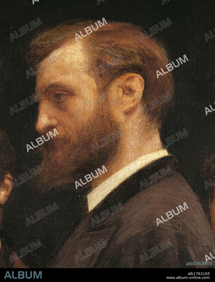 Ateliers des Batignolles, by Henri Fantin-Latour, 1870, 19th Century, oil on canvas, cm 204 x 273,5. France, Ile de France, Paris, Muse dOrsay, RF 2210. Detail. Bazille profile painter brown beard moustache face black white.