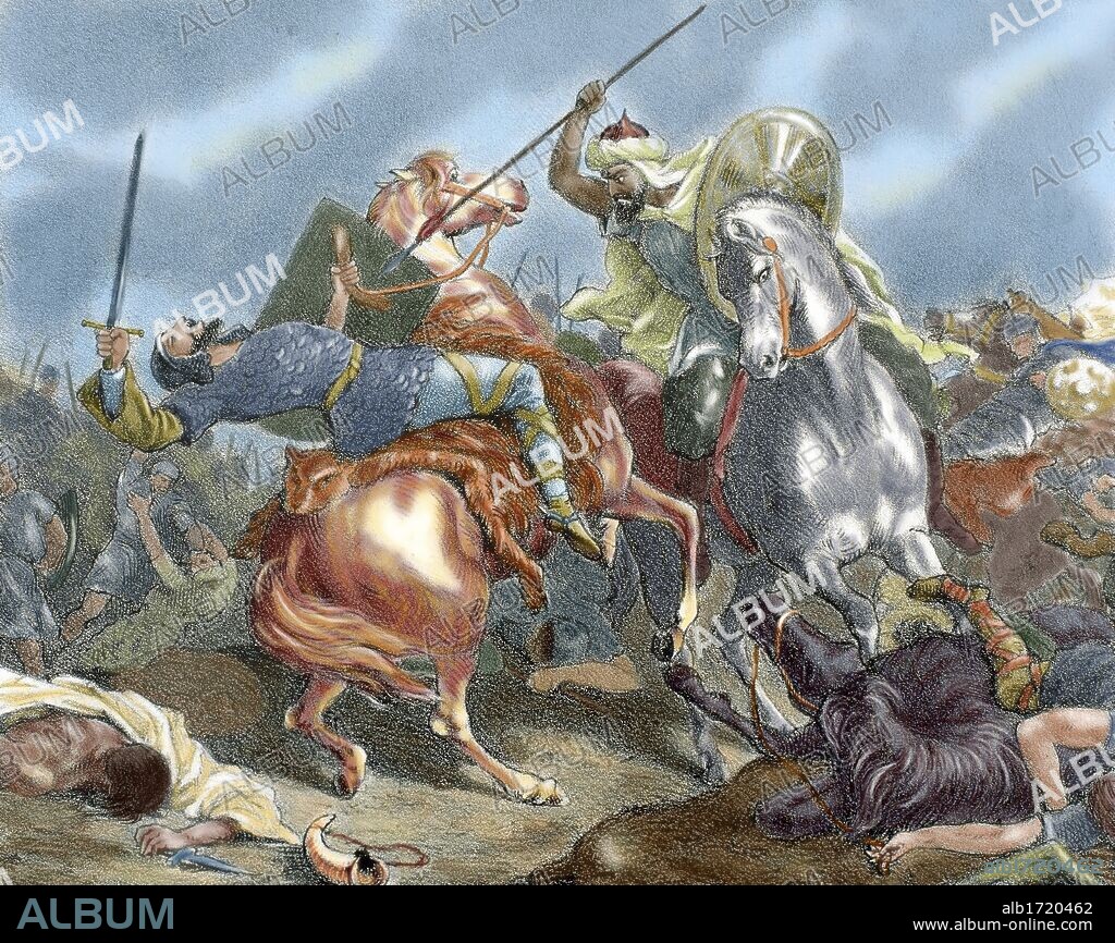 DON RODRIGO (m. 711). Ultimo rey visigodo de la Península Ibérica (710-711). S. VIII. Murió en su enfrentamiento con el militar bereber Tariq Ibn Ziyad en la Batalla de Guadalete. "MUERTE DE DON ROGRIGO POR TARIQ IBN ZIYAD". Grabado coloreado del siglo XIX.