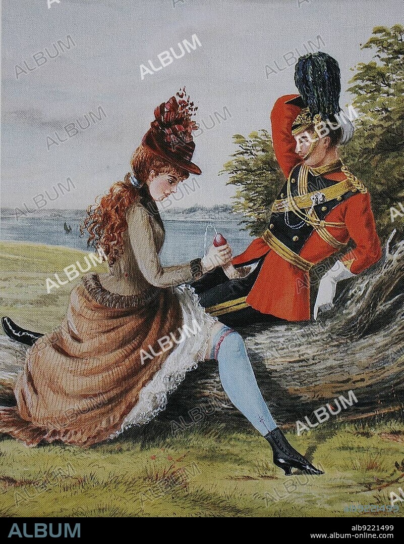 Victorian era erotic illustration, circa 1880, in England, woman having sex with a soldier in the open air, Historical, digitally restored reproduction of an original 19th century artwork, exact original date unknown
