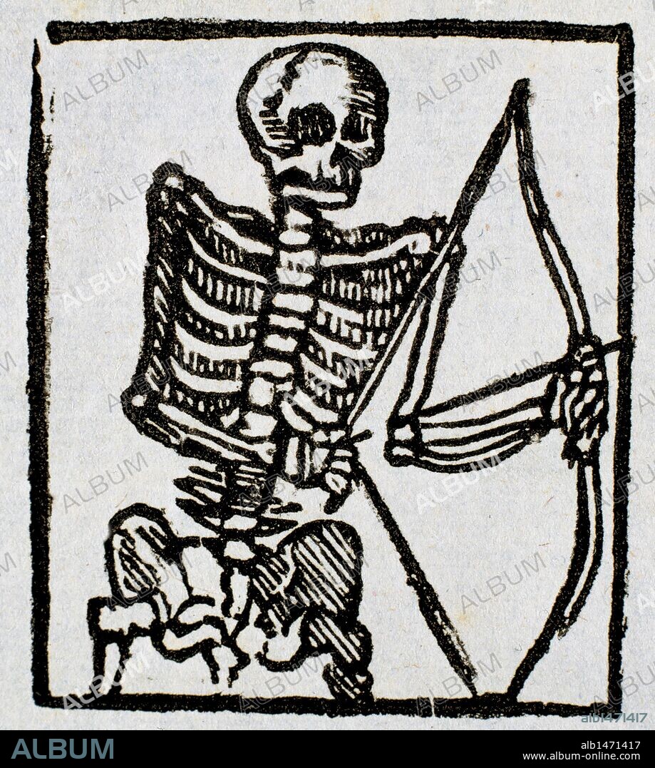 Death depicted with a bow and arrow. Engraving. Barcelona. Catalonia. Spain.