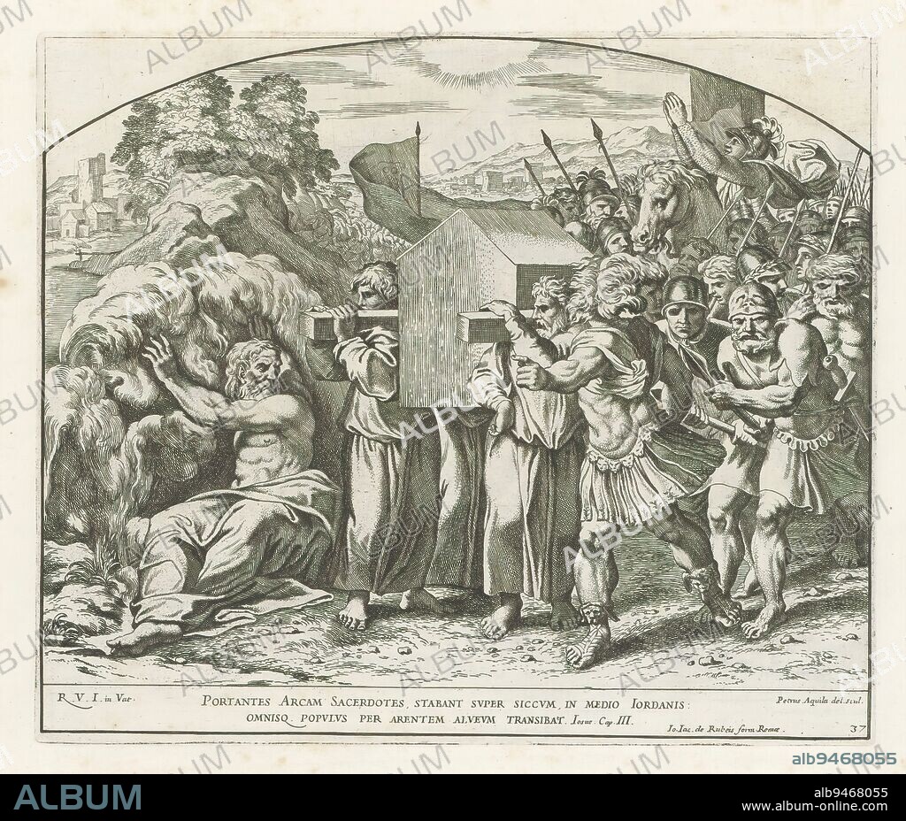 The Ark of the Covenant carried across the Jordan, Raphael Bible (series title), Paintings in Raphael's Loggia (series title), Imagines Veteris ac Novi Testamenti (series title), A group of men and soldiers carry the Ark of the Covenant. In the foreground on the left is a river god (the Jordan). Bible verse below the image. Print is part of an album., print maker: Pietro Aquila, (mentioned on object), after drawing by: Pietro Aquila, (mentioned on object), after painting by: Rafaël, (mentioned on object), print maker: Italy, after drawing by: Italy, after painting by: Vaticaanstad, publisher: Rome, Vaticaanstad, 1675, paper, etching, height 246 mm × width 291 mm.