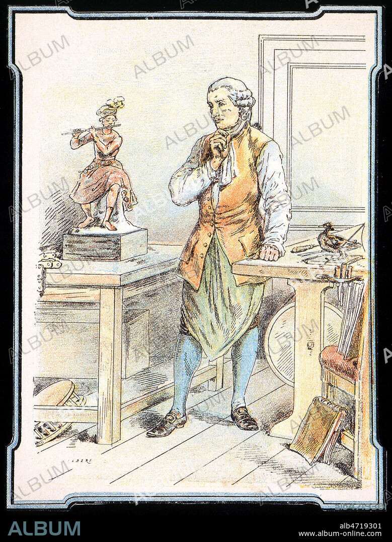 Jacques de VAUCANSON (1709-1782). Illustration de Camille GILBERT (1838-?) pour un protege-cahier vers 1890. Credit : Coll. Jonas/KHARBINE-TAPABOR.