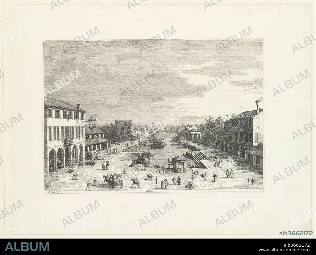View of Mestre, an inn at left and other various buildings lining the canal, from 'Views' (Vedute altre prese da i luoghi altre ideate da Antonio Canal). Artist: Canaletto (Giovanni Antonio Canal) (Italian, Venice 1697-1768 Venice). Dedicatee: Joseph Smith (British, ca. 1674-1770). Dimensions: Plate: 11 13/16 × 16 15/16 in. (30 × 43 cm)
Sheet: 17 5/8 × 23 9/16 in. (44.7 × 59.8 cm). Series/Portfolio: 'Views' (Vedute altre prese da i luoghi altre ideate da Antonio Canal). Date: 1735-46.