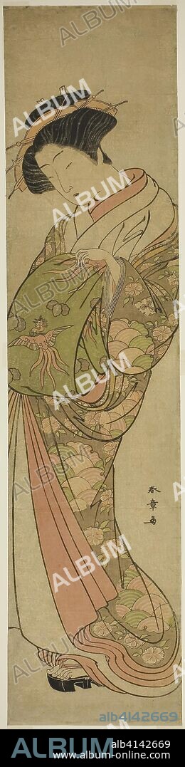 A Courtesean of the Matsubaya House. Katsukawa Shunsho ?? ??; Japanese, 1726-1792. Date: 1773-1779. Dimensions: 26 3/8 x 6 5/16 in. Color woodblock print; wide hashira-e. Origin: Japan.