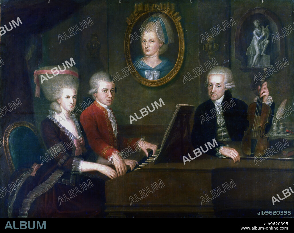 JOHANN NEPOMUK DELLA CROCE. 'The Mozart Family', 1780-1781. Leopold (1719-1787), leaning, holding his violin with his daughter Maria-Anna (Nannerl) (1751-1829) and son Wolfgang Amadaeus (1756-1791) at the keyboard. A portrait of Leopold's late wife, Anna Maria (1720-1778) hangs on the wall in the centre.