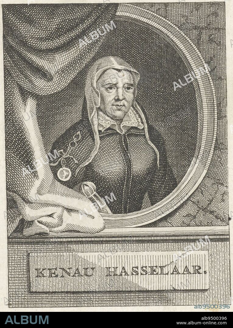 Portrait of Kenau Simonsdochter Hasselaer, Carel Jacob de Huyser, 1763 - 1804, Bust of Kenau Simonsdochter Hasselaer to the right in oval frame. She fought against the Spaniards in Haarlem. On the left, a curtain falling partly over the frame., print maker: Carel Jacob de Huyser, Amsterdam, 1763 - 1804, paper, engraving, etching, h 99 mm × w 75 mm.