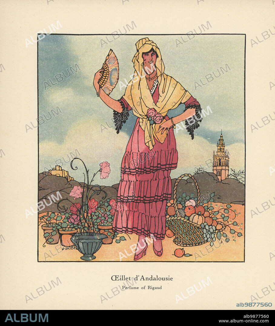 Promotional art for Oeillet d'Andalousie, a discontinued Perfume of Rigaud. An Andalusian woman with fan, in shawl and ruffled skirt, stands next to a potted carnation and basket of fruit. Colour-printed illustration by Jose Gose from Andre de Fouquieres The Perfumes of Rigaud, Letters of a Parisian and and American Girl, L'art des parfums, Lettres d'un Parisien et d'une Américaine, Maison Rigaud, Parfumeur, Paris, 1915.