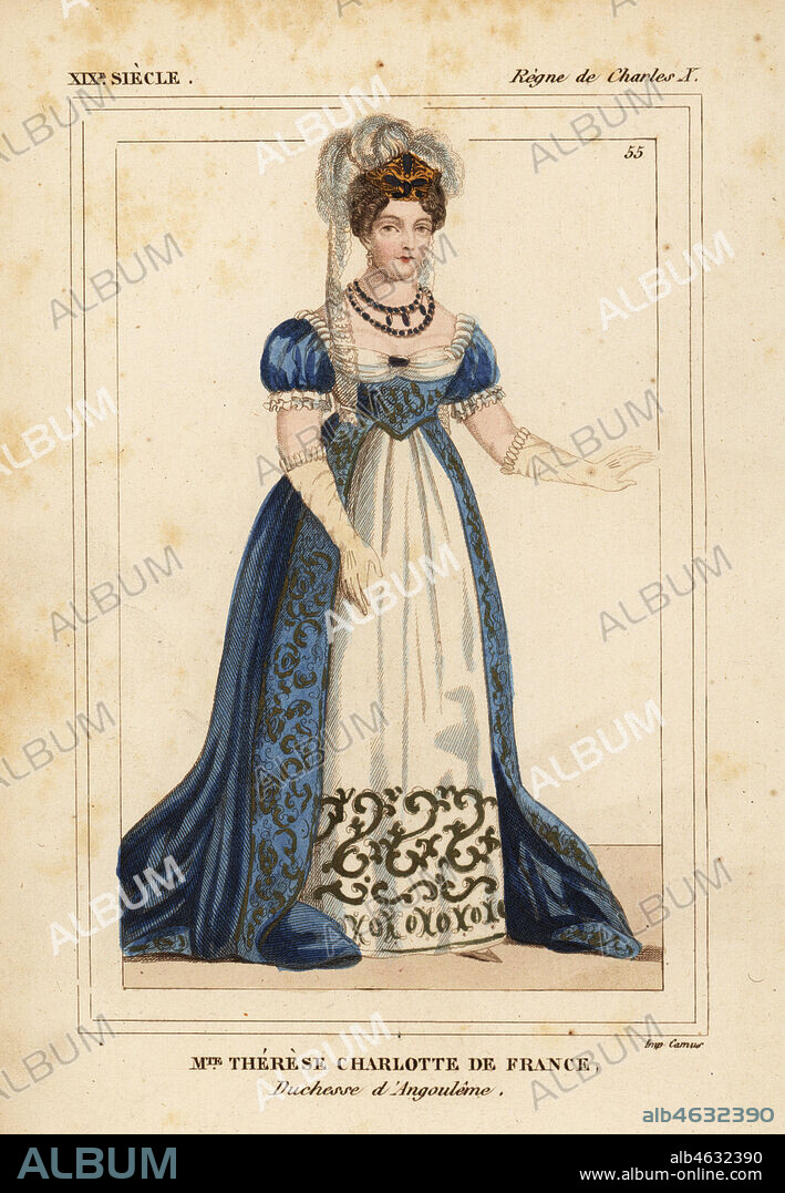 Marie Therese Charlotte de France, Duchesse d'Angouleme, eldest child of King Louis XVI and Marie Antoinette, 1778-1854. Handcoloured lithograph from Le Bibliophile Jacob aka Paul Lacroix's Costumes Historiques de la France (Historical Costumes of France), Administration de Librairie, Paris, 1852.