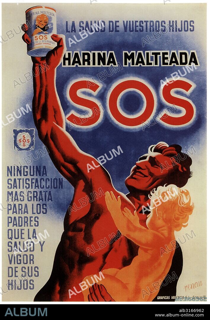 Publicidad. Harina malteada SOS; un padre sosteniendo su hijo en brazos. Cartel de 1930. Facsímil de 1960.