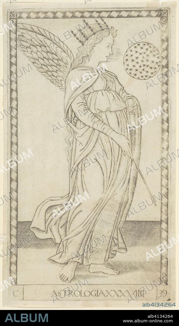 Astrology, plate 29 from Arts and Sciences. Master of the E-Series Tarocchi; Italian, active c. 1465. Date: 1460-1470. Dimensions: 179 x 100 mm (plate); 186 x 106 mm (sheet). Engraving in black on ivory laid paper. Origin: Italy.