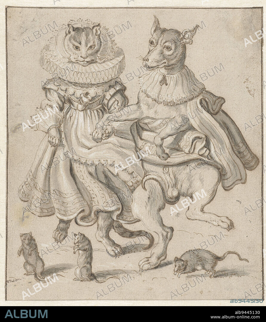 A Dancing Cat and Dog, anonymous, after Adriaen Pietersz van de Venne, c. 1630 - c. 1699, Emblem showing a dancing cat and dog, dressed as people; in the foreground three mice. Design for a print., after: Adriaen Pietersz. van de Venne, draughtsman: anonymous, c. 1620 - c. 1660, paper, pen, brush, h 208 mm × w 184 mm.