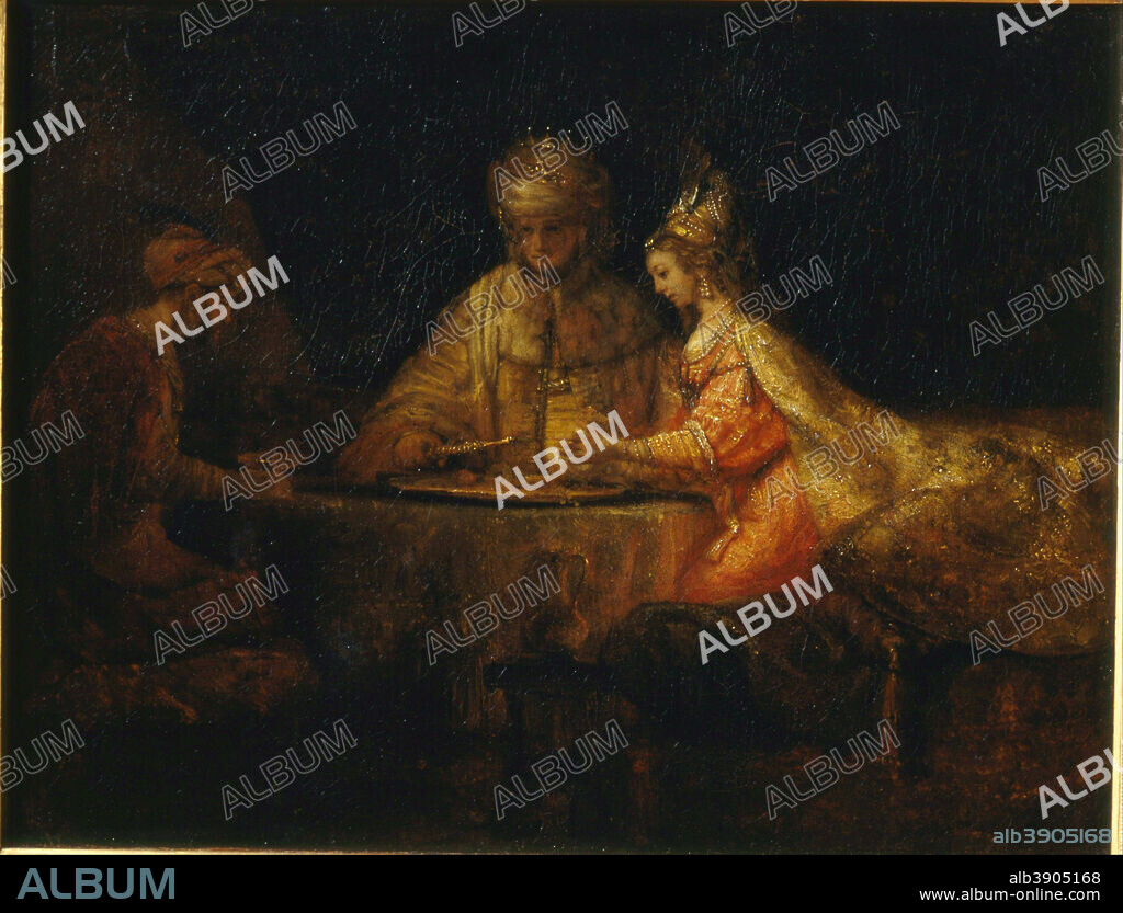 HARMENSZOON VAN RIJN REMBRANDT. Ahasuerus and Haman at the Feast of Esther. Date/Period: 1660. Painting. Oil on canvas. Height: 73 cm (28.7 in); Width: 94 cm (37 in).