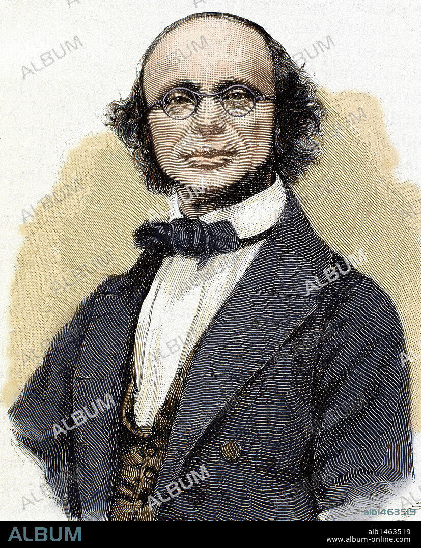 WEBER, Wilhelm Eduard (Wittenberg, 1804-Gotinga, 1891). Físico alemán. Investigó el magnetismo terrestre e inventó un telégrafo electromagnético (1833). Introdujo el sistema absoluto de unidades eléctricas, y construyó el primer telégrafo eléctrico en colaboración con Gauss. Grabado coloreado del siglo XIX.