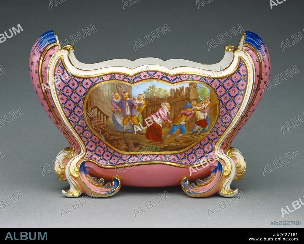 Vase (Cuvette Mahon); Painted decoration by Jean-Louis Morin, French, 1732 - 1787, active at Vincennes and Sèvres from 1754, After an engraving by Jacques-Philippe Le Bas, French, 1707 - 1783, of a painting by David Teniers the Younger, Flemish, 1610 - 1690, Sèvres Manufactory, French, active 1756 - present; Sèvres, France, Europe; 1761; Soft paste porcelain, pink ground color overlaid with blue enamelled, polychrome enamelled decoration and gilding; Object: H: 14.9 x W: 23 x D: 11.9 cm (H: 5 7/8 x W: 9 1/16 x D: 4 11/16 in.).