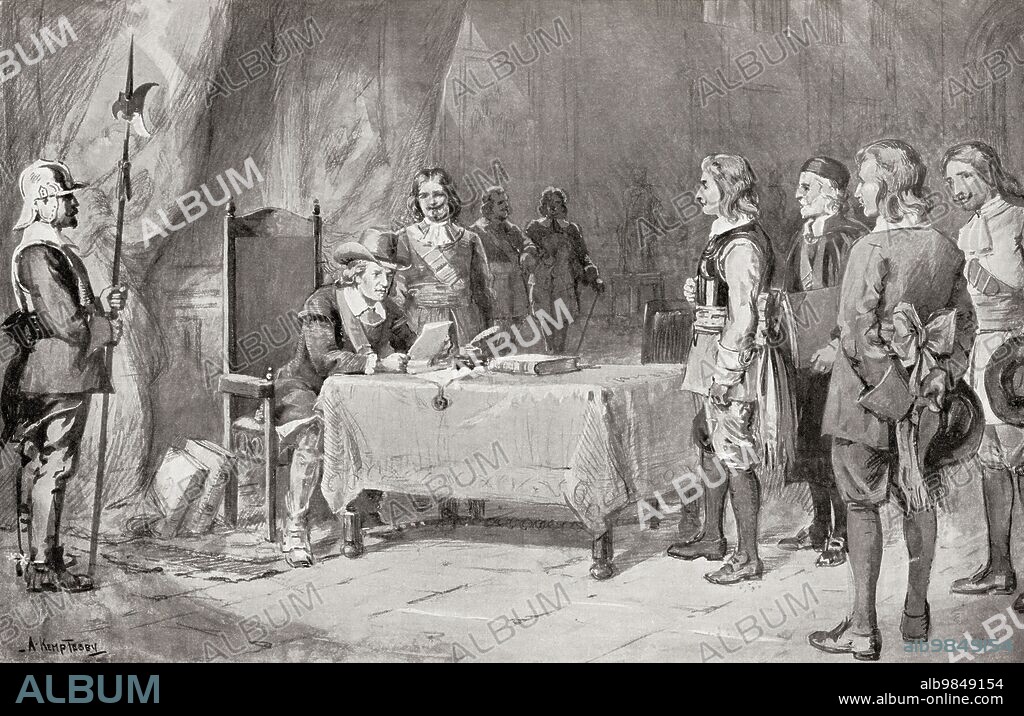 Swiss envoys appealing to Oliver Cromwell for help for the Waldenses aka Waldensians, after the massacre known as the Piedmont Easter, by the Duke of Savoy in 1654. The Waldensians were a Christian movement founded by Peter Waldo in the 12th century, the Duke of Savoy wished to convert them to Catholicism. From Hutchinson's History of the Nations, published 1915.