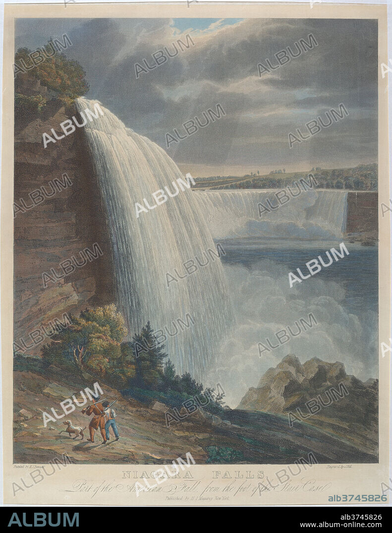 JOHN HILL, AFTER WILLIAM JAMES BENNETT. Niagara Falls from Foot of Staircase. Dated: 1829. Dimensions: sheet (trimmed within plate mark): 59 x 46.9 cm (23 1/4 x 18 7/16 in.). Medium: hand-colored engraving and aquatint.