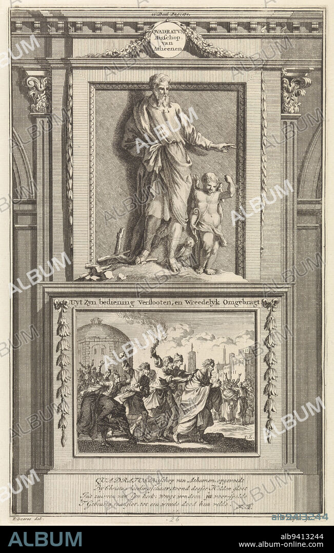 The holy apologist Quadratus of Athens in the company of an owl and an angel. Quadratus stands on a pedestal where his martyrdom is depicted on the front. Print marked top center: II: Part Pag. 171., H. Quadratus of Athens, apologist Quadratus, Bishop of Athens. Uyt Zyn bediening Verstooten, en Wreedely Omgebragt , print maker: Jan Luyken, (mentioned on object), print maker: Zacharias Chatelain (II), (attributed to workshop of), intermediary draughtsman: Jan Goeree, (mentioned on object), Amsterdam, 1698, paper, etching, engraving, h 275 mm × w 170 mm.