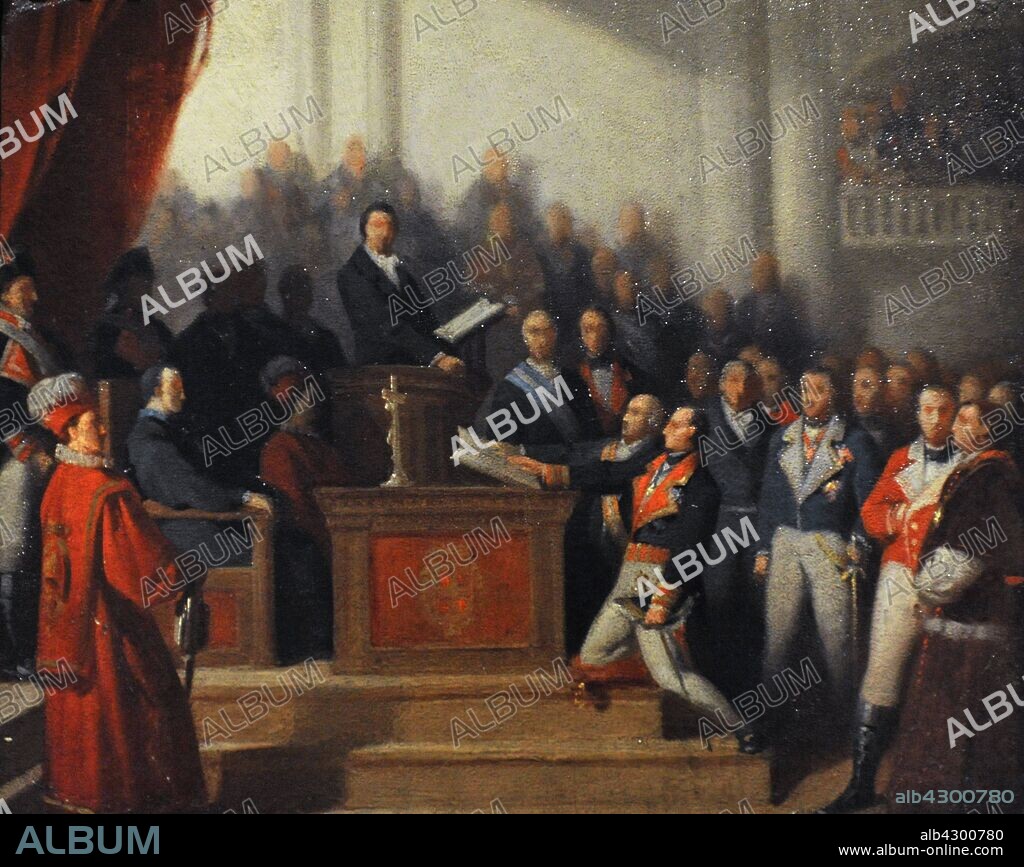 Joaquin Baldomero Fernandez-Espartero Alvarez de Toro (1793-1879), called Baldomero Espartero. Spanish military and politician. Oath of General Espartero (on May 10, 1841). Sketch. Oil on cardboard, ca.1841. Anonymous. Museum of Romanticism. Madrid. Spain.