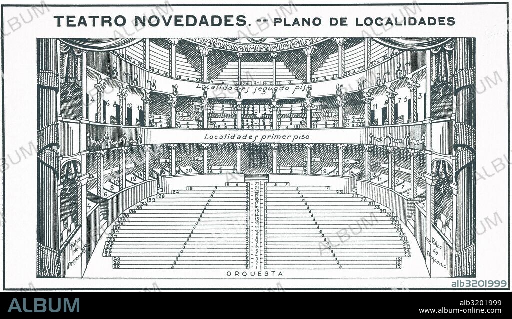 Barcelona. Plano de las localidades del Teatro Novedades, inaugurado en 1884. Dibujo de 1930.