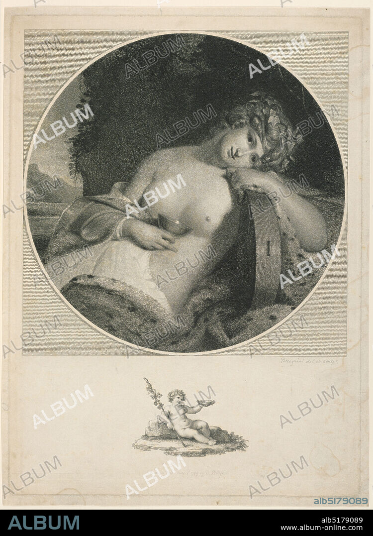 Hebe, Domenico Pellegrini, Italian, 1759 - 1840, Stipple engraving on paper, Within a circular medallion is the half-length semi-nude figure of Hebe, reclining, resting her left arm on a tambourine, with a cup in her right hand. A remarque, below, shows the child, Bacchus, with a cup., Italy, 1799, Print, Print.