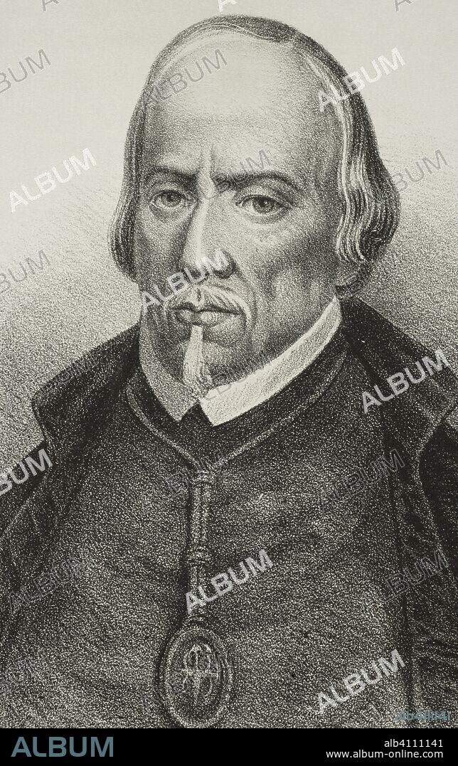 Pedro Calderón de la Barca (1600-1681). Escritor español barroco del Siglo de Oro y caballero de la Orden de Santiago. Litografía. Retrato. Detalle. Crónica General de España, Historia Ilustrada y Descriptiva de sus Provincias. Castilla-La Nueva, 1869. Biblioteca Histórico Militar de Barcelona, Cataluña, España.