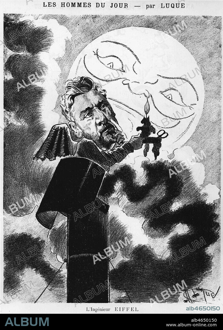 Caricature de 1887 de Gustave EIFFEL (1832-1923) par Manuel LUQUE (1854-1924). Credit: Collection Kharbine-Tapabor.