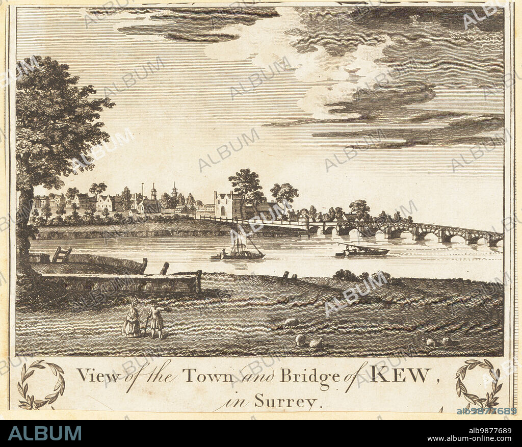 View of the original Kew Bridge, and Kew town, mid-18th century. Built over the River Thames by John Barnard ferry owner Robert Tunstall in 1759 with seven wooden arches between two stone arches. Replaced in 1782. Kew Pier in the foreground. View of the town and bridge of Kew in Surrey. Copperplate engraving by Taylor from William Thorntons New, Complete and Universal History of the City of London, Alexander Hogg, King's Arms, No. 16 Paternoster Row, London, 1784.