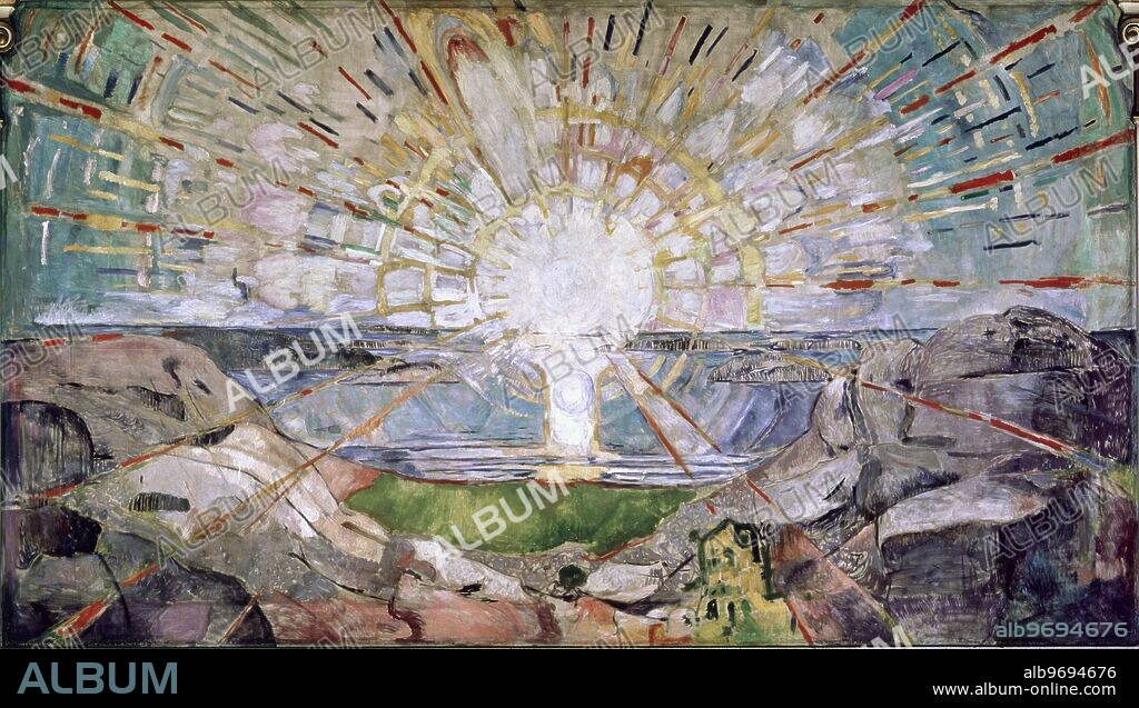 The Sun - 1910-16. by Munch, Edvard (1863-1944). Oslo, Hall of the University. Edvard Munch (December 12, 1863 - January 23, 1944) was a Norwegian expressionist painter and printmaker. His intense, evocative treatment of anguish greatly influenced development of German expressionism in the early 20th century. ©TopFoto.