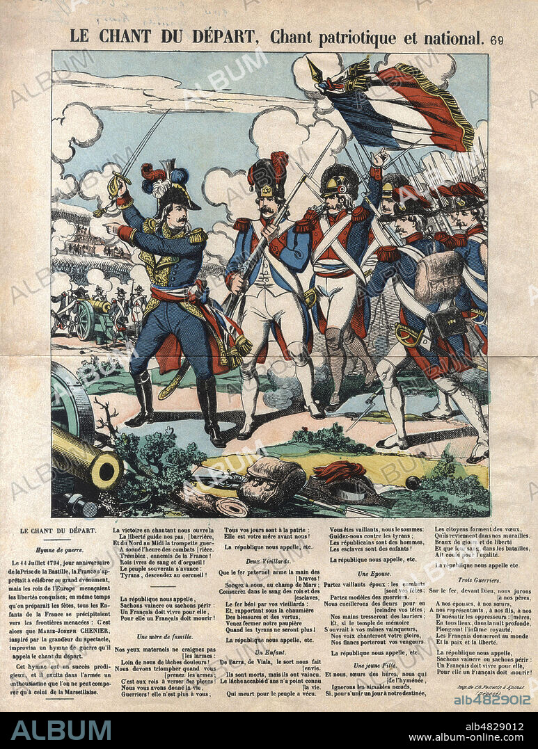 Le Chant du Depart (ecrit en 1794 par Marie-Joseph CHENIER (1764-1811) sur une musique de Etienne Nicolas MEHUL (1763-1817), chant patriotique et national. Illustration anonyme vers 1875 pour une planche de l'Imagerie Pellerin a Epinal. credit : Collection Kharbine-Tapabor.