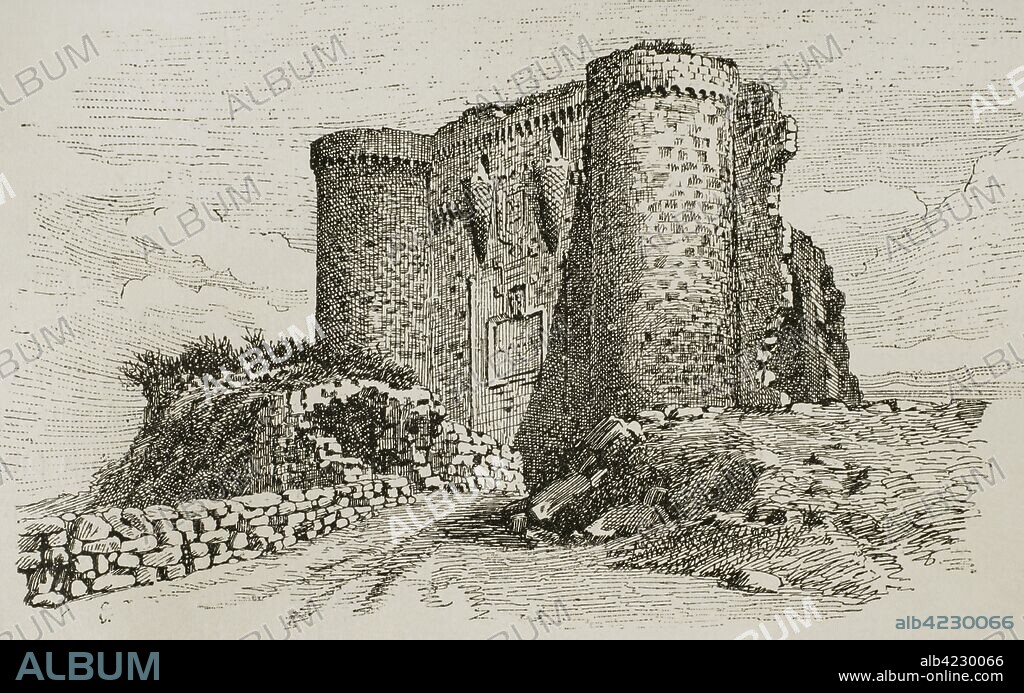 Spain, province of Leon, Astorga. Ruins of the old castle, demolished in 1872. Engraving.