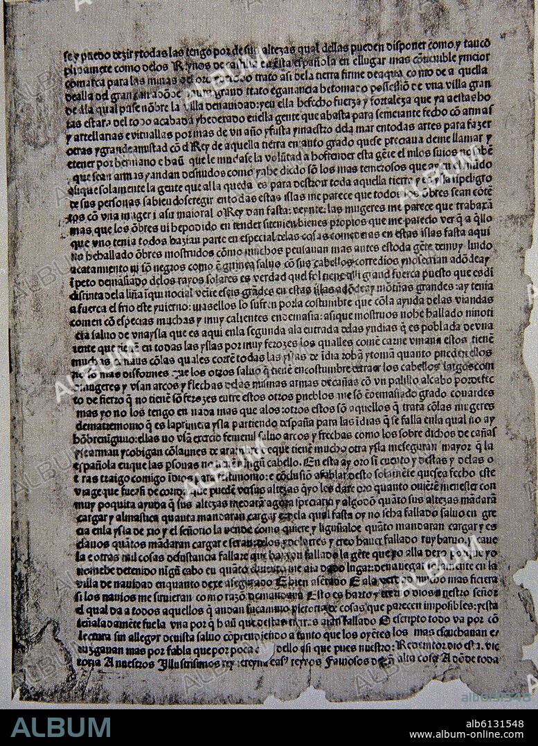 CRISTOBAL COLON (1451-1506). CARTA DE CRISTOBAL COLON A LUIS DE SANTANGEL TESORERO DE LOS REYES CATOLICOS - SIGLO XV.