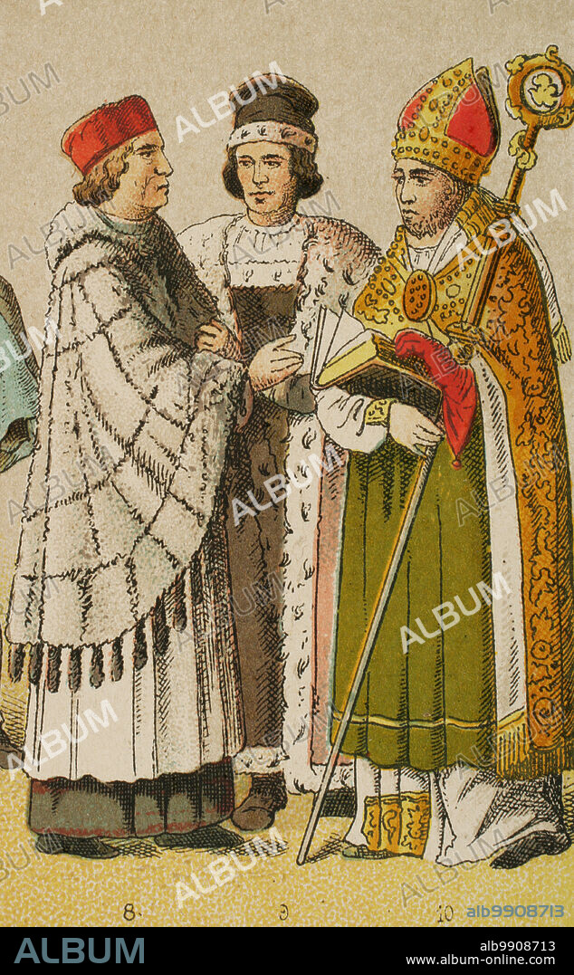 Historia de Alemania. Edad Media. 1450-1500. De izquierda a derecha, 8: canónigo, 9: rector de una universidad, 10: obispo. Cromolitografía. "Historia Universal", por César Cantú. Tomo VIII, 1881.