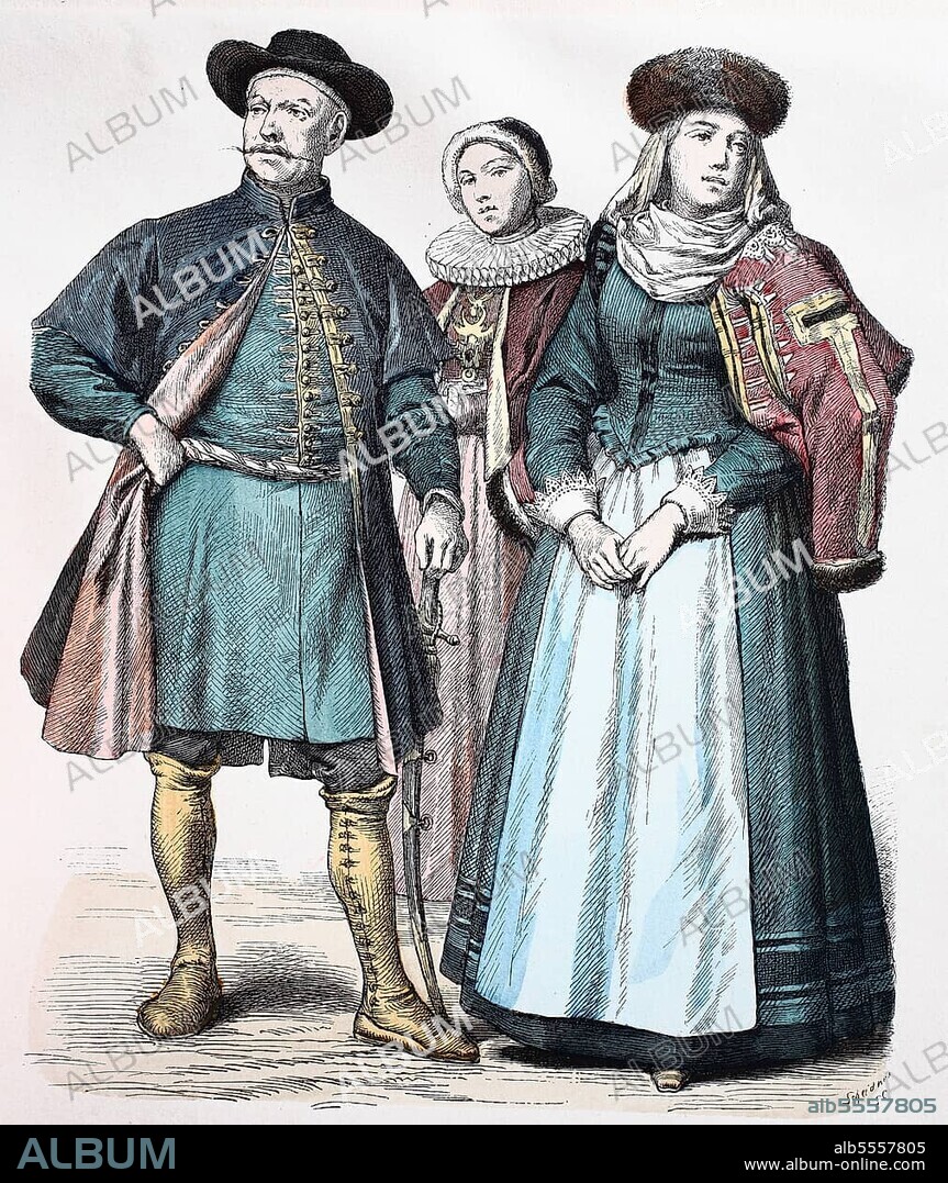 Folk traditional costume, clothing, history of costumes, noble Englishwoman, woman from Paris, woman from Rouen, woman from Dieppe, France, 16th century, digitally restored reproduction of a 19th century original, exact date unknown, Europe.
