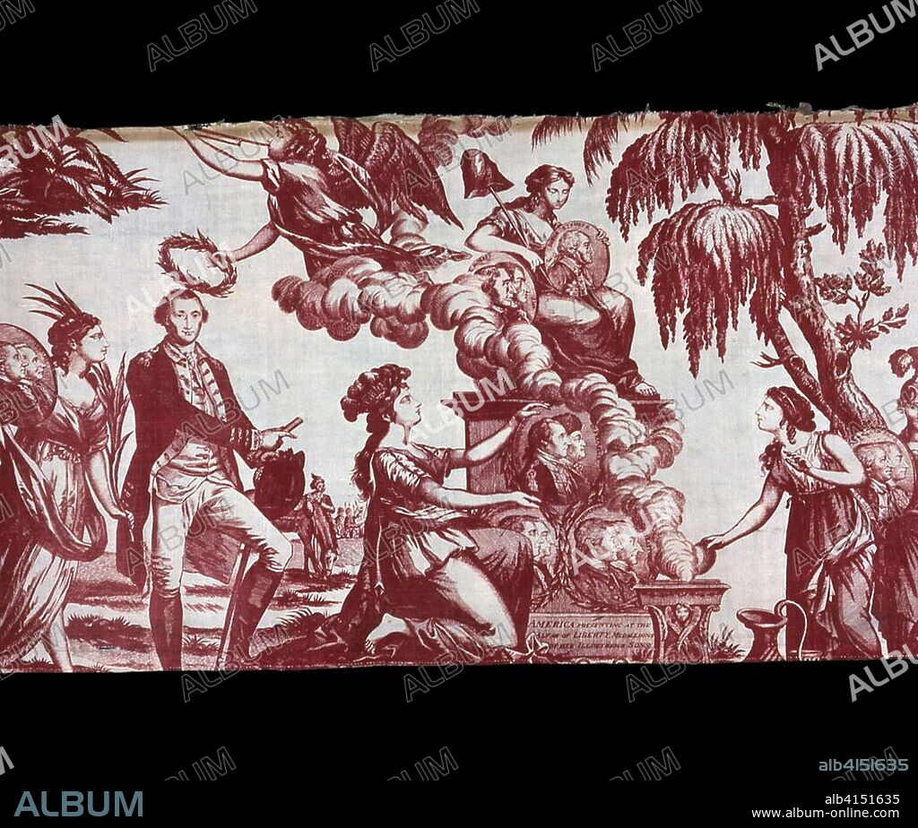 PIERRE EUGENE DU SIMITIERE. America Presenting at the Altar of Liberty Medallions of her Illustrious Sons (Furnishing Fabric). After etchings by Pierre Eugène du Simitière (American, born Switzerland, c. 1736-1784) after John Trumbull (American, 1756- 1843); England. Date: 1775-1795. Dimensions: a: 42.2 × 78.8 cm (16 5/8 × 31 in.)
b: 54.2 × 65.6 cm (21 3/8 × 25 7/8 in.). Linen and cotton, plain weave; copperplate printed. Origin: England.