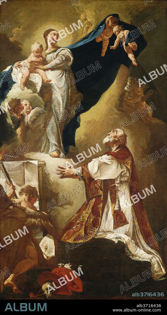 GIOVANNI BATTISTA PIAZZETTA. Madonna and Child Appearing to Saint Philip Neri. Dated: probably 1725 or after. Dimensions: overall: 112.4 x 63.5 cm (44 1/4 x 25 in.)  framed: 135.9 x 87.6 x 9.5 cm (53 1/2 x 34 1/2 x 3 3/4 in.). Medium: oil on canvas.