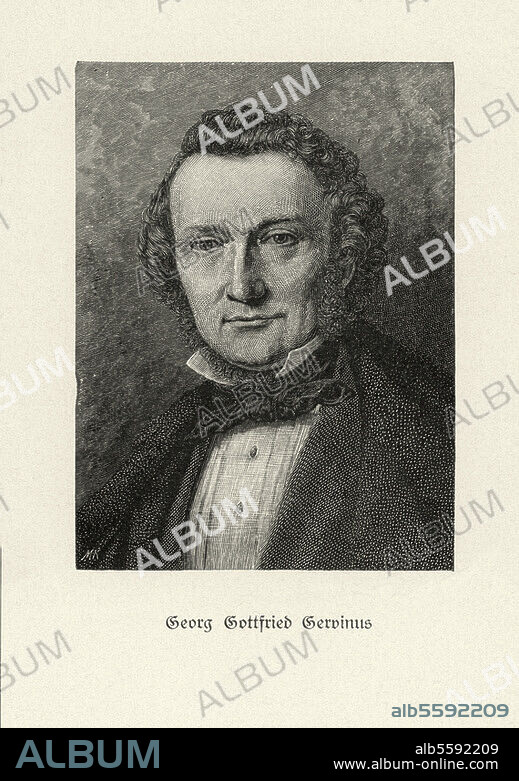 Gervinus, Georg Gottfried. 1805 - 1871, German historian and politician (member of the Goettingen Seven). Portrait. Wood engraving by Moritz Klinkicht (born 1845). From: K. Siebert, Three Hundred Famous Germans, Stuttgart (Greiner & Pfeiffer) 1912, no. Berlin, Sammlung Archiv für Kunst und Geschichte.