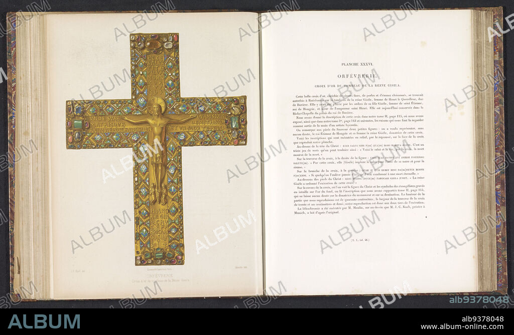 Gold cross from the tomb of Queen Gisela of Hungary, Croix d'or du tombeau de la Reine Gisila, Orfévrerie (series title), print maker: Moulin, (mentioned on object), intermediary draughtsman: J.C. Koch, (mentioned on object), Paris, c. 1859 - in or before 1864, paper, height 259 mm × width 202 mm.