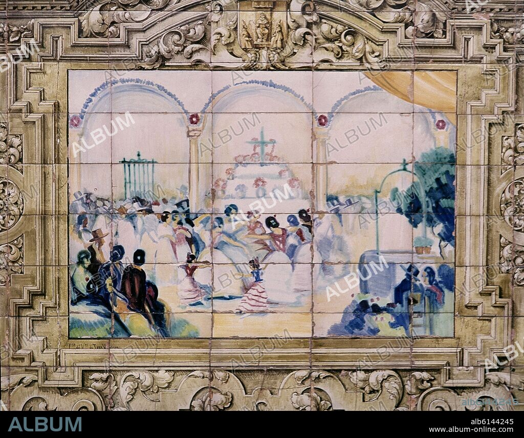 REPRESENTACION DE SEVILLA - CRUZ DE MAYO EN UN PATIO SEVILLANO - MOSAICO DE LA PLAZA DE ESPAÑA DE SEVILLA - SIGLO XX.