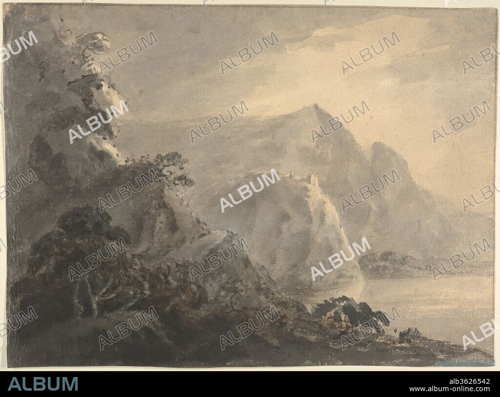Landscape with Hill, Lake and Figures. Artist: William Gilpin (British, Scaleby, Cumbria 1724-1804 Boldre, Hampshire). Dimensions: Sheet: 10 3/8 x 14 1/8 in. (26.4 x 35.9 cm). Date: ca. 1772.
Gilpin's ideas concering "the picturesque" are here demonstrated using monochrome ink washes. While working as the enlightened head of a boys's school, then vicar at Boldre in the New Forest from 1777, Gilpin wrote essays that defined this new aesthetic concept associated with pleasingly irregular forms situated between beauty and sublimity. During summer tours, Gilpin visited Wales, the Scottish Highlands and other remote corners of the Britain to seek picturesque sites, and his subsequent travelogues encouraged Britons to do likewise. When continental travel was restricted by two decades of war with France, a new form of tourism emerged centered on pleasing vistas rather than famous landmarks.