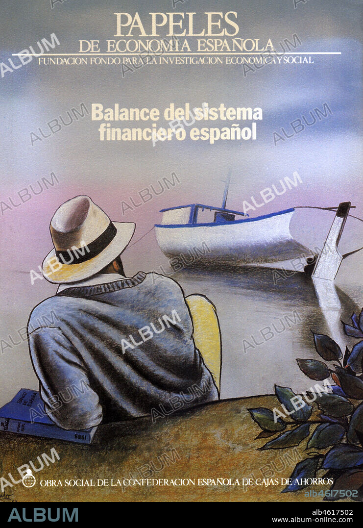 EDUARDO ÚRCULO. Portada del libro Papeles de Economía Española, Fundación Fondo para la investigación económica y social, editado por la Obra social de la Confederación española de Cajas de Ahorro. Balance del sistema financiero español. Un estudiante universitario contemplando una barca en el mar. Año 1983.