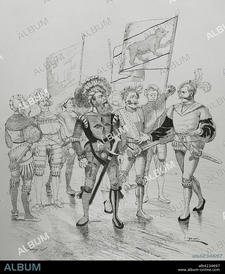 Edad Moderna. Cuerpos mercenarios: Suizos. Grabado a partir de la obra alemana, libro de las banderas. "Museo Militar del Ejército Español", Tomo I. Evaristo Ullastres Editor. Barcelona, 1883. Biblioteca Histórico Militar de Barcelona, Cataluña, España.