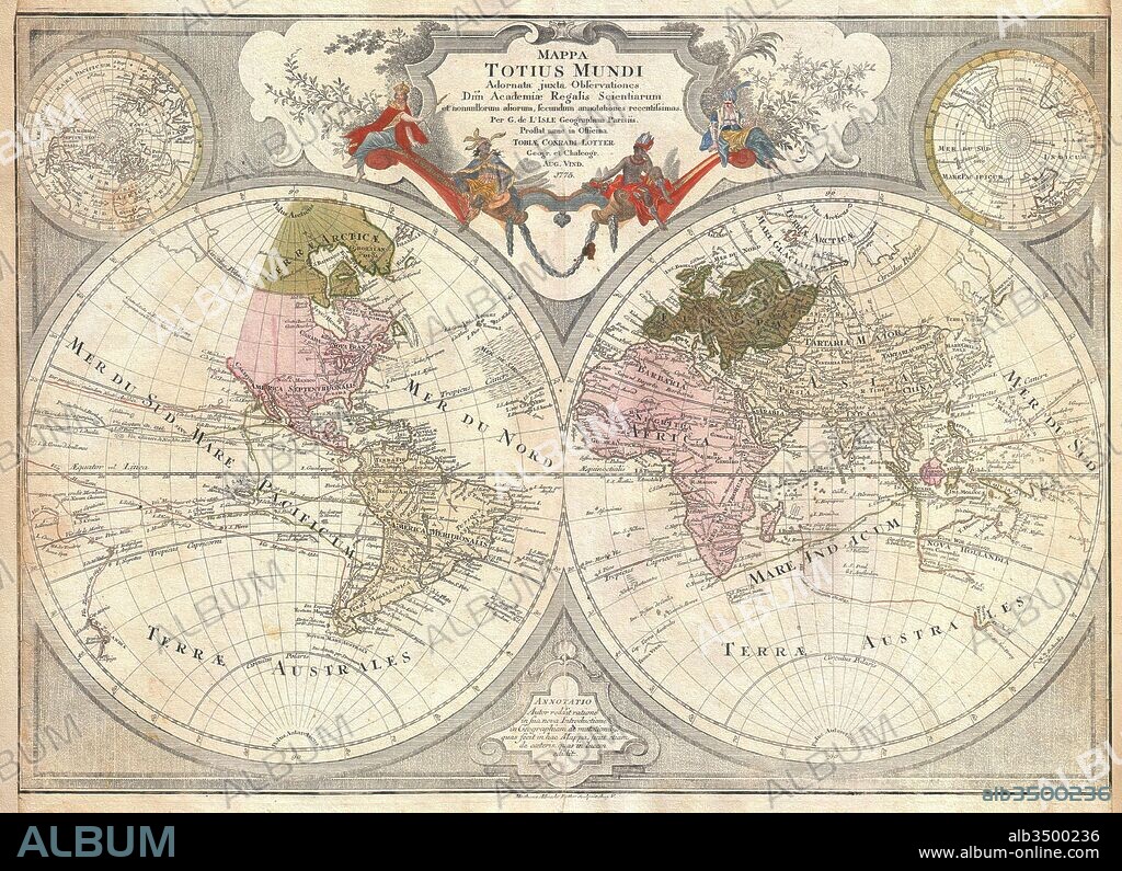 1775, Lotter Map of the World on a Hemisphere Projection.
